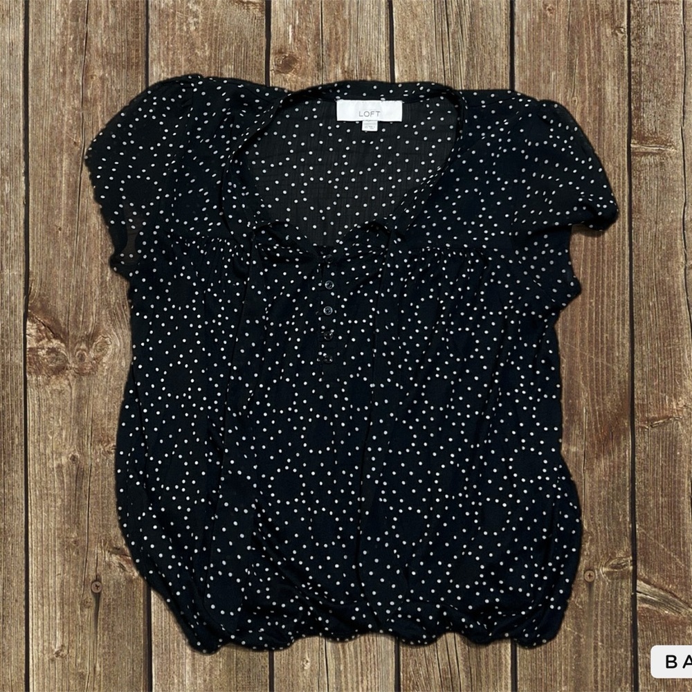 Loft Black top with white dot pattern and neck tie size xs
